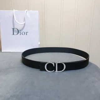 Ceinture Dior CD Noir Argent Boucle Interlocking Sangle Lisse Ceinture Cuir