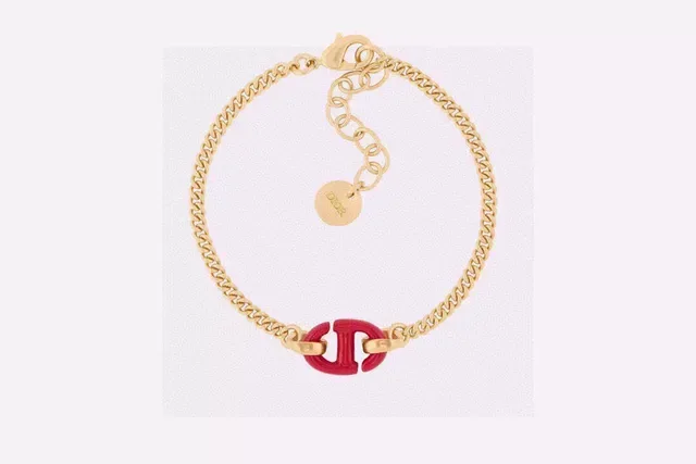 Dior CD Icon Pulseira Corrente Curb Esmalte Vermelho Dourado 2