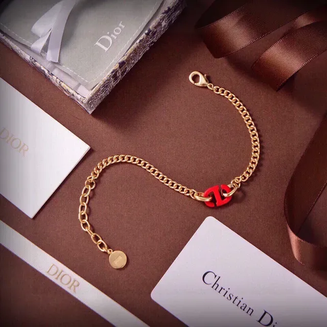 Dior CD Icon Pulseira Corrente Curb Esmalte Vermelho Dourado 6