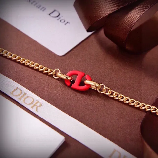 Dior CD Icon Pulseira Corrente Curb Esmalte Vermelho Dourado 7