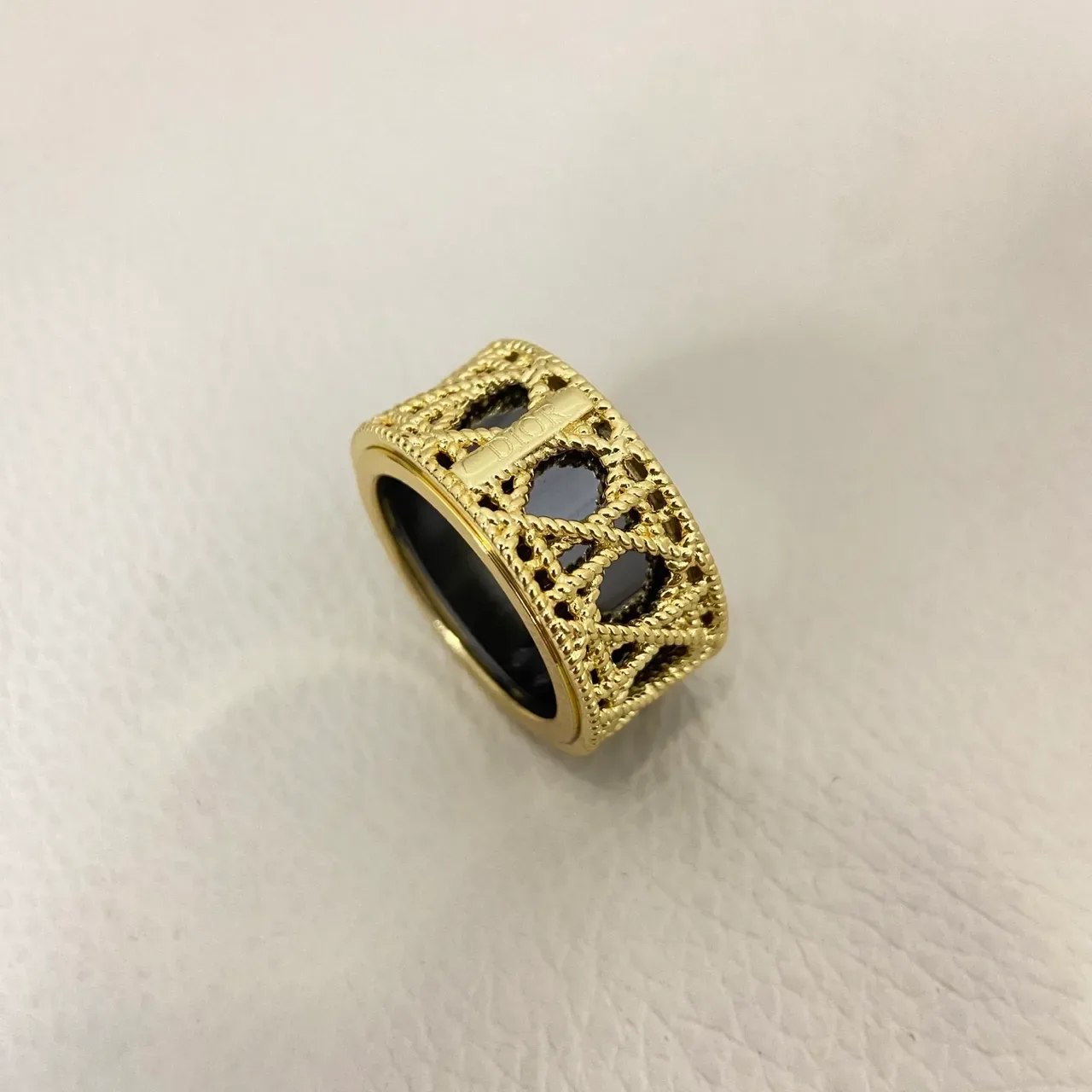 Dior Gold Black Openwork Lattice Rope-Twist Motif Ring 5