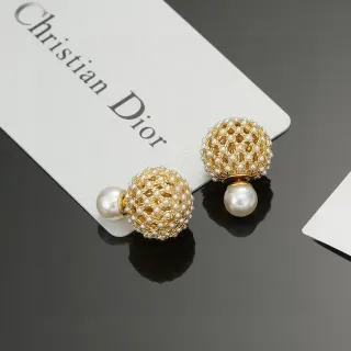 Dior Boucles d'Oreilles Sphère à Maillage avec Perles Dorées