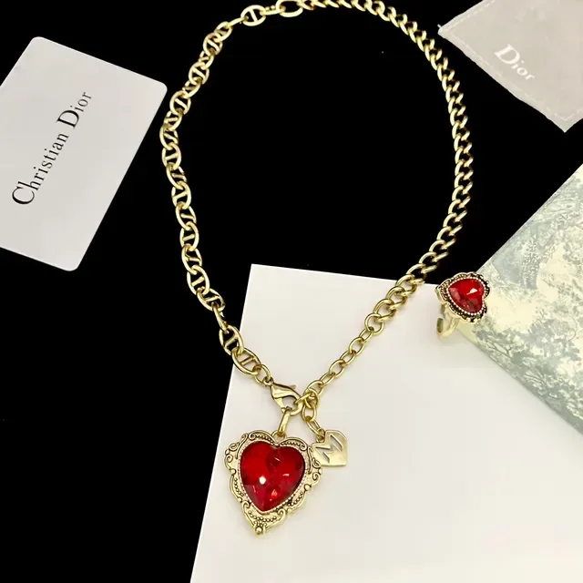 Dior Heart-Shaped Red Crystal Pendant Necklace 4