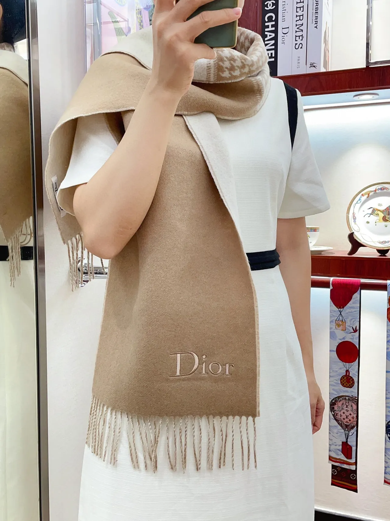 Dior হাউন্ডস্টুথ এবং সলিড বিজ ক্যাশমিয়ার স্কার্ফ 2