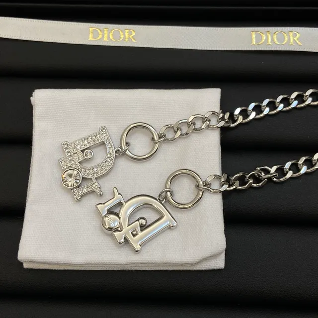 Dior Iconic Silver White Curb Chain Pavé-Crystal Monogram Pendant Necklace 2