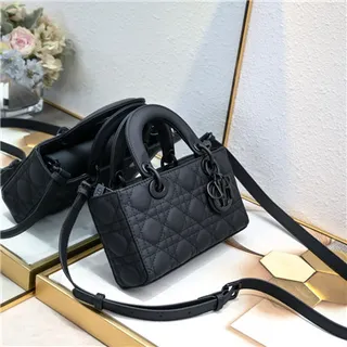 Dior Lady Sac à main en cuir noir matelassé cannage poignée supérieure enroulée 8