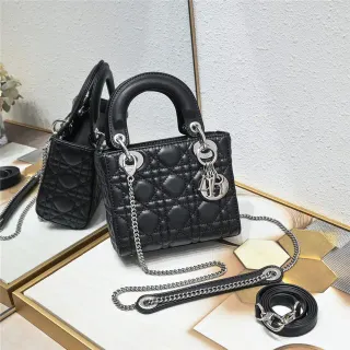 Dior Lady Black Silver Quilted Cannage Top-Handle Handbag