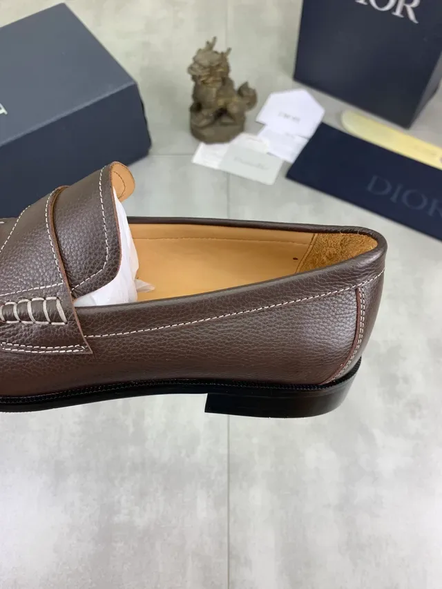 Dior Loafer Brown Beige Pebbled Leather Contrast-Stitched Penny Strap Loafer 3