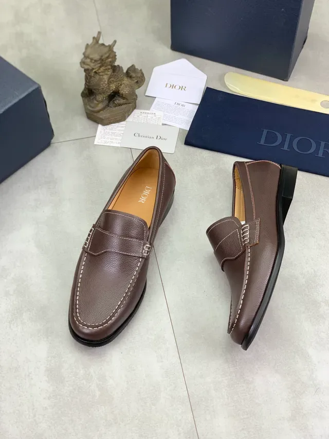 Dior Loafer Brown Beige Pebbled Leather Contrast-Stitched Penny Strap Loafer 4