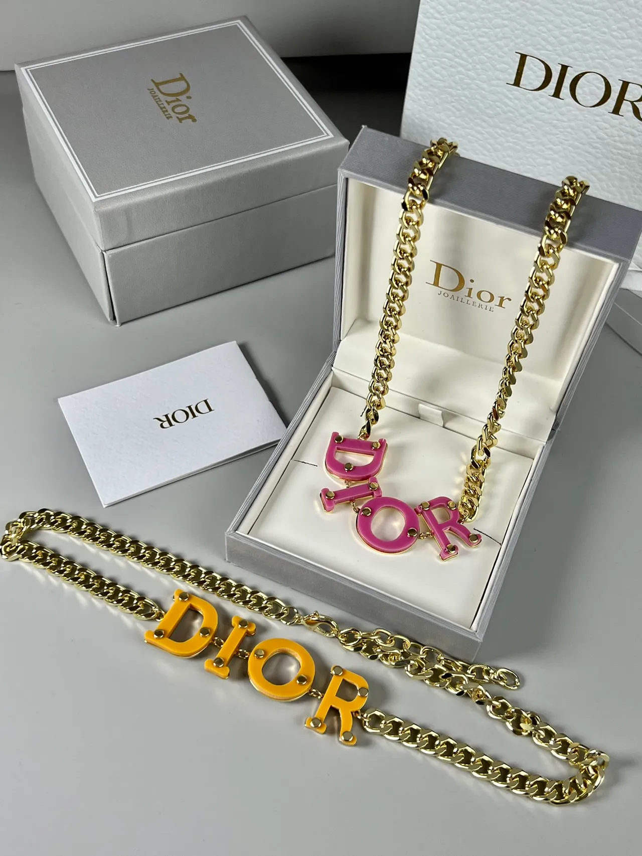 Dior Logo Necklace Yellow Gold Curb Chain Bold Resin Lettering Necklace 3