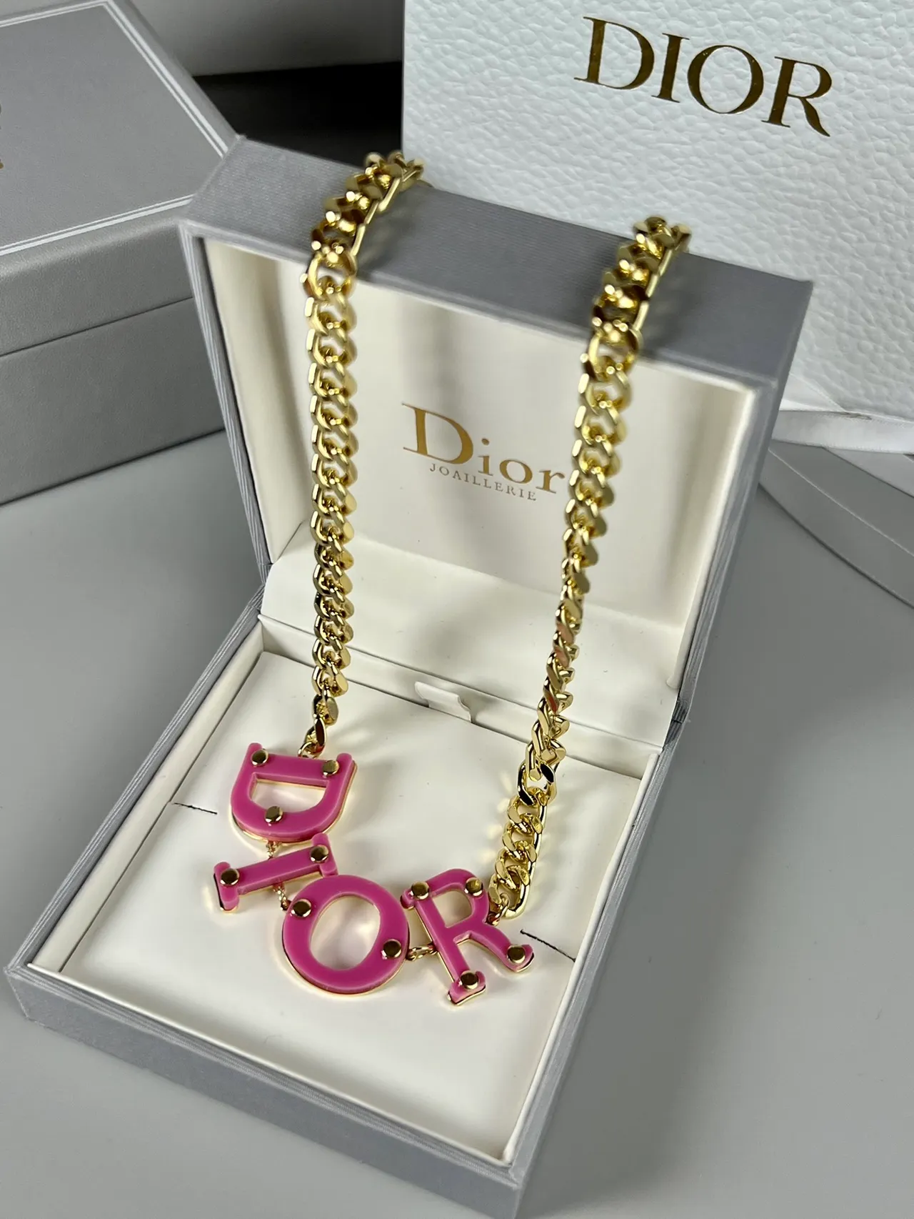 Dior Logo Necklace Yellow Gold Curb Chain Bold Resin Lettering Necklace 5