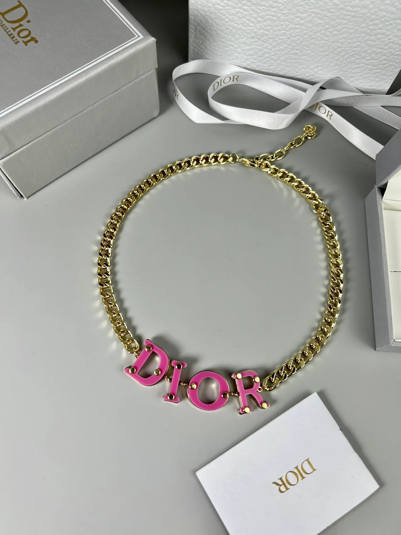 Dior Logo Necklace Yellow Gold Curb Chain Bold Resin Lettering Necklace 6
