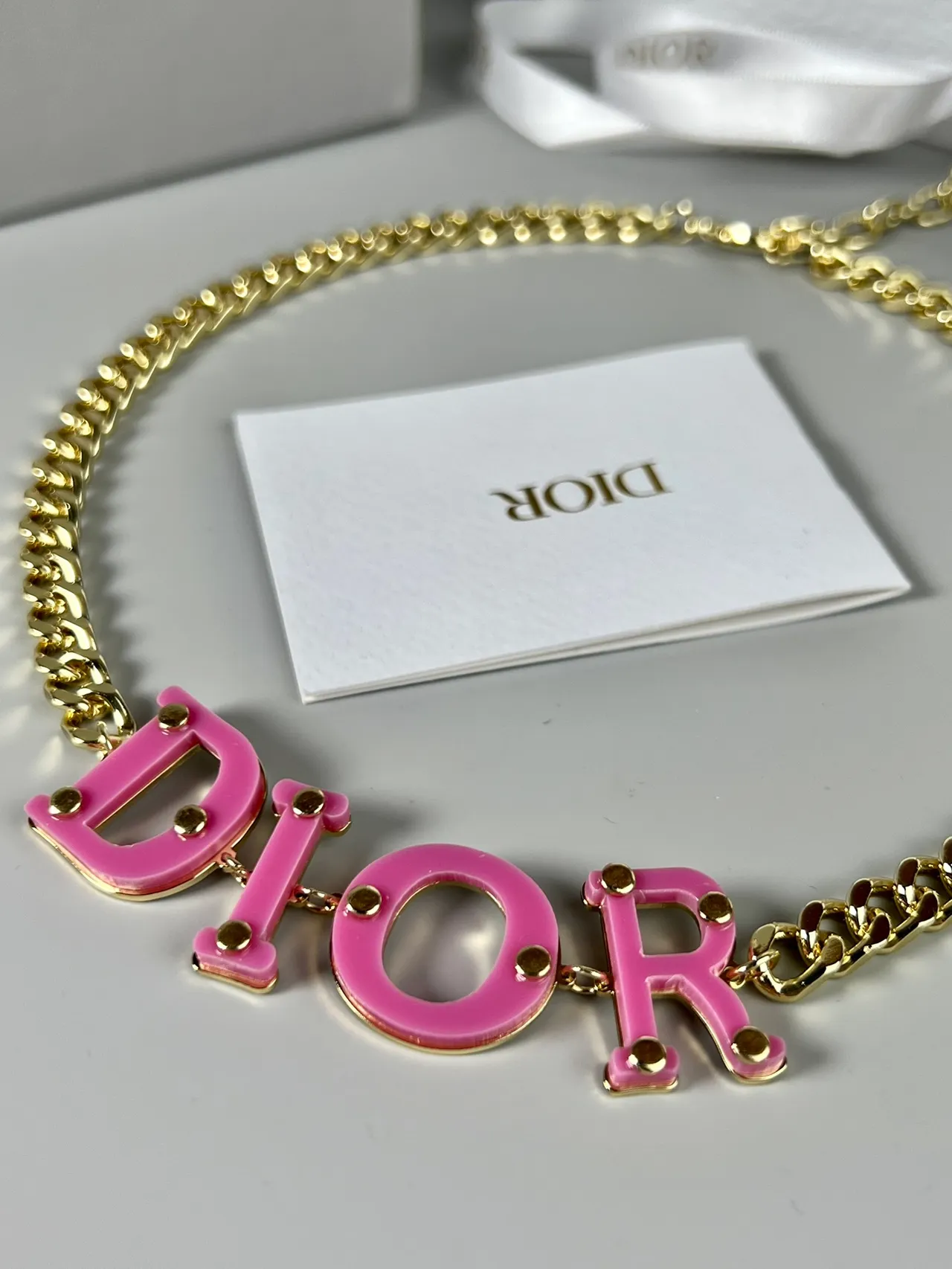 Dior Logo Necklace Yellow Gold Curb Chain Bold Resin Lettering Necklace 7