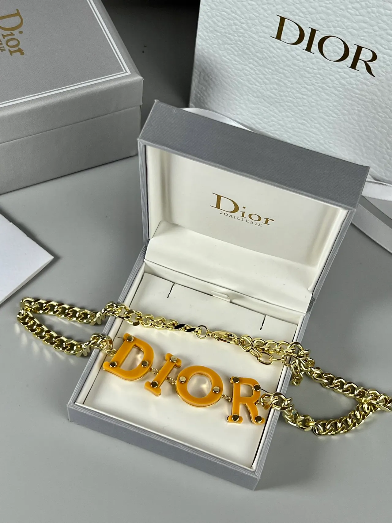Dior Logo Necklace Yellow Gold Curb Chain Bold Resin Lettering Necklace 8