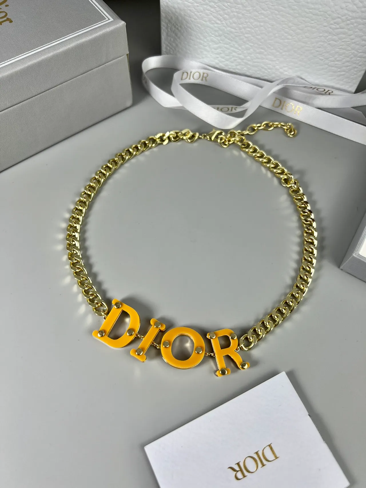 Dior Logo Necklace Yellow Gold Curb Chain Bold Resin Lettering Necklace 9