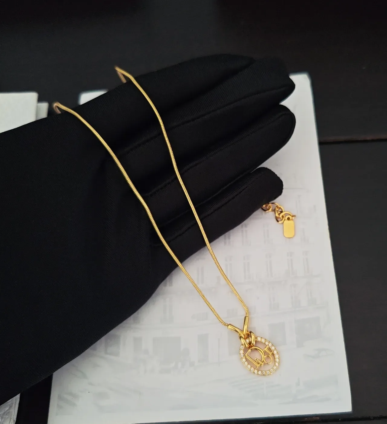 Dior Logo Pendant Gold-Tone Snake Chain Necklace 4