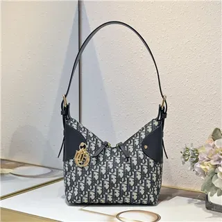 Dior Navy Beige Monogram Canvas Drawstring Closure Hobo Bag