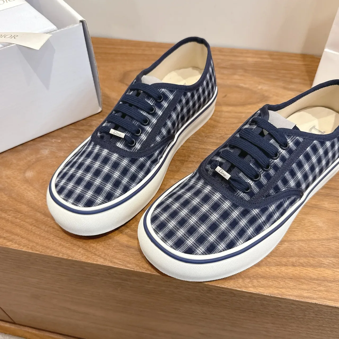 Dior Navy White Plaid Canvas Lifestyle Sneakers 4