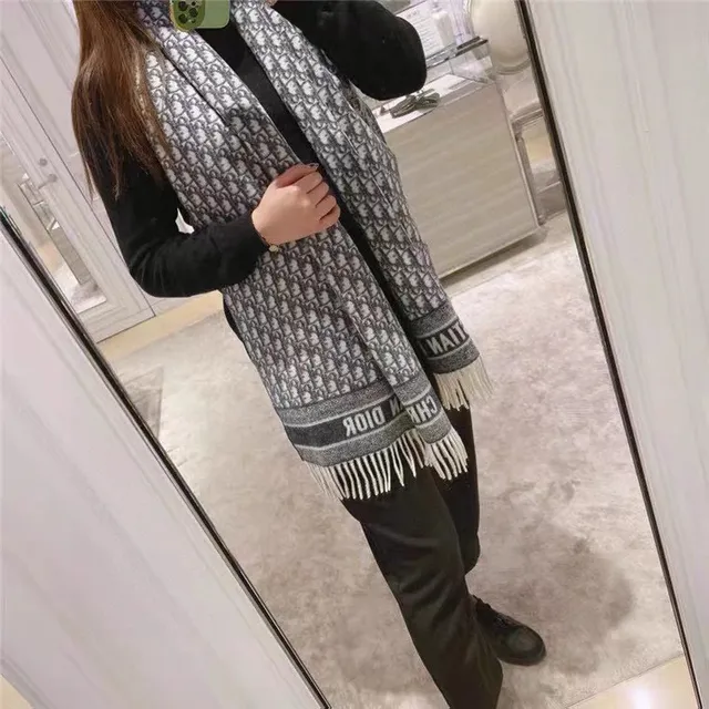 Dior Oblique Monogram Navy and Cream Cashmere Scarf 3
