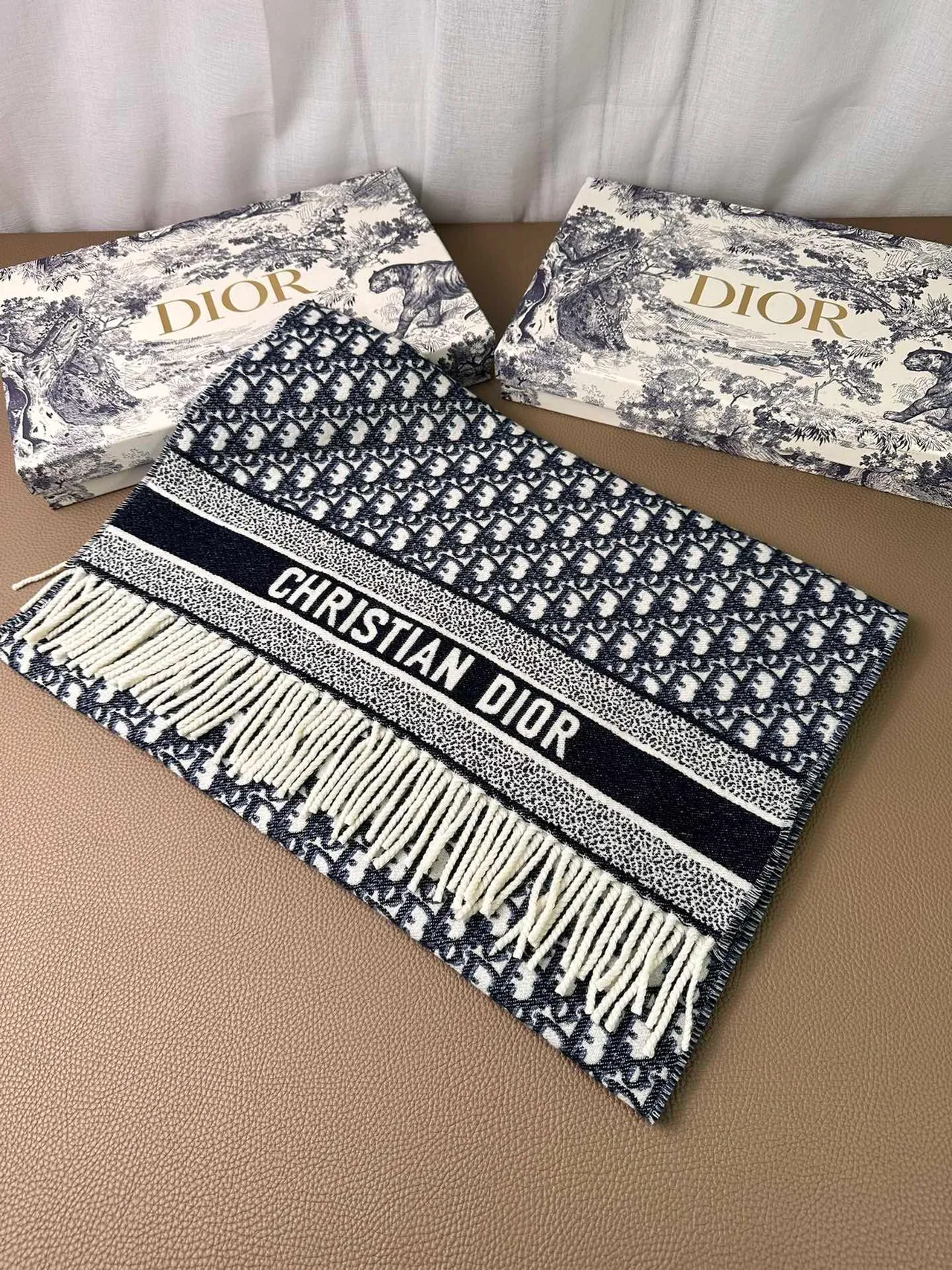 Dior Oblique Monogram Navy and Cream Cashmere Scarf 6