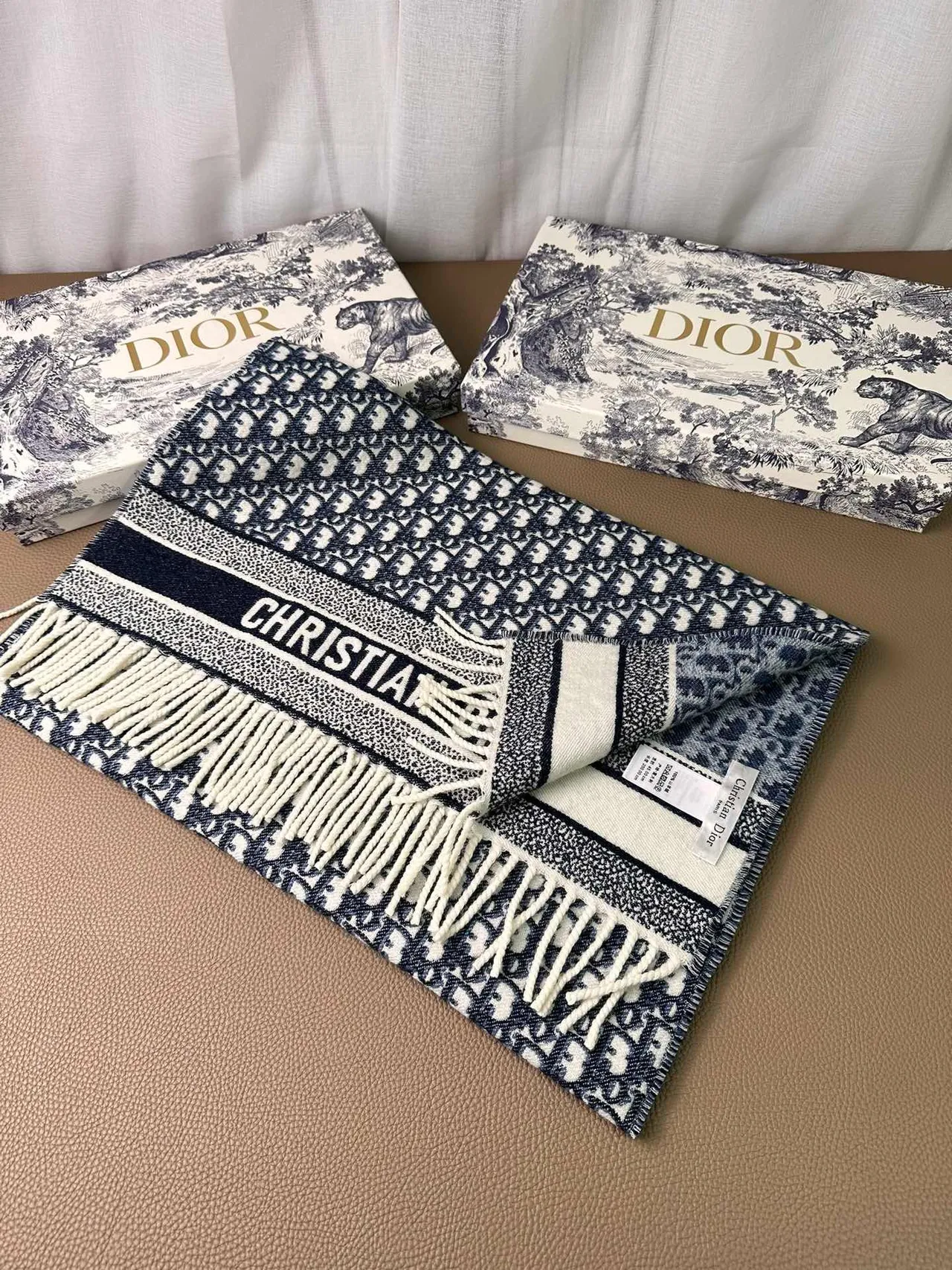 Dior Oblique Monogram Navy and Cream Cashmere Scarf 7