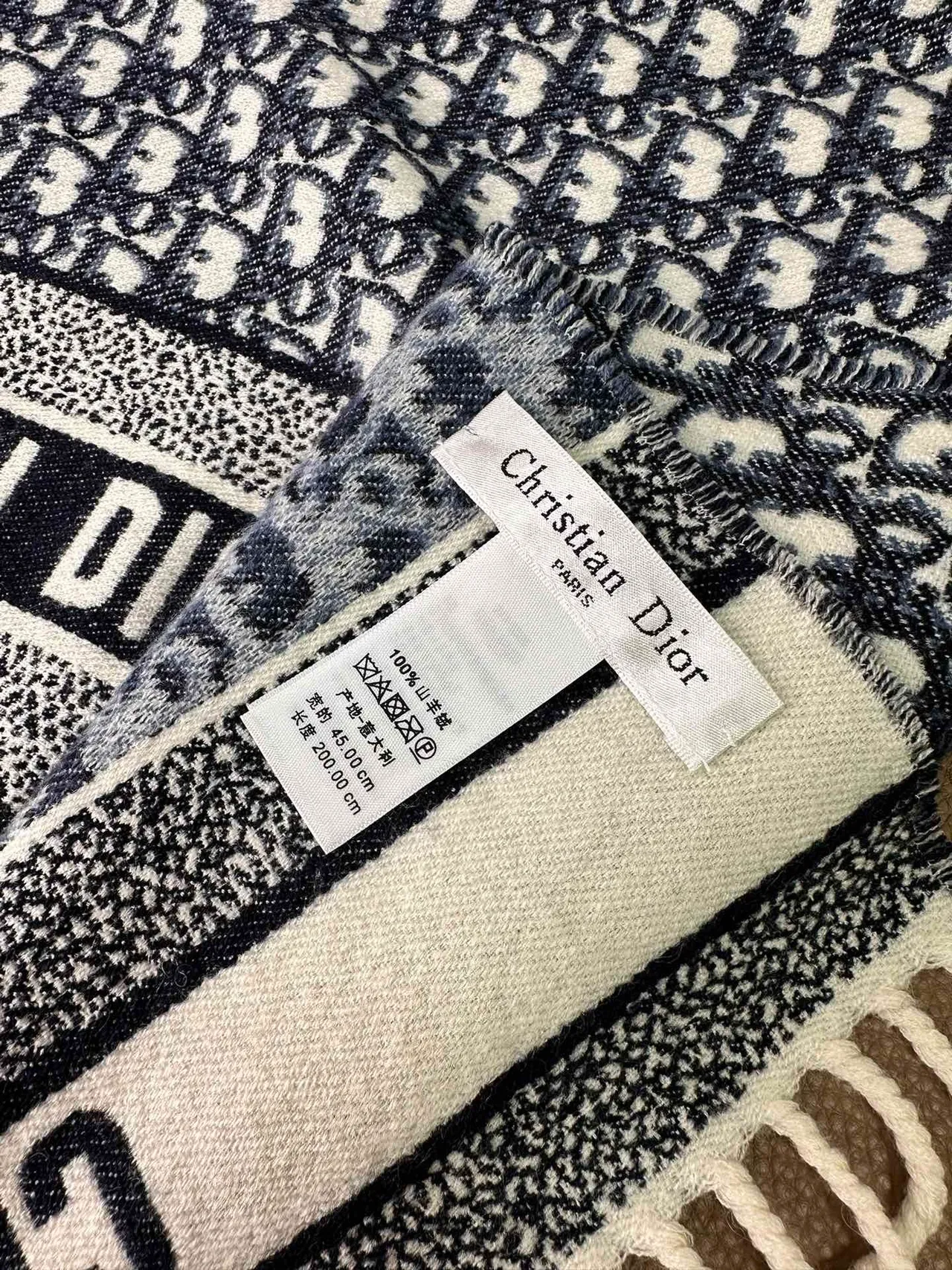 Dior Oblique Monogram Navy and Cream Cashmere Scarf 8