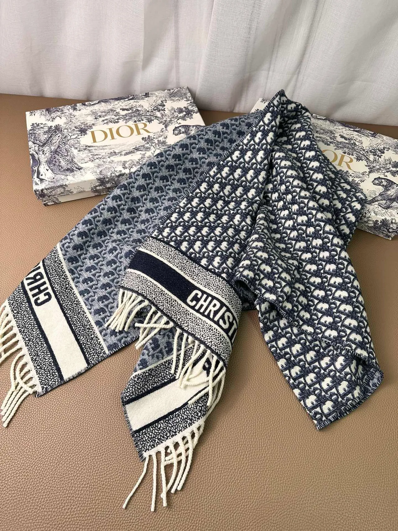 Dior Oblique Monogram Navy and Cream Cashmere Scarf 9