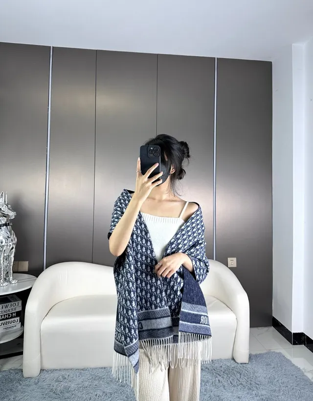 Dior Oblique Monogram Navy and Gray Cashmere Scarf 4