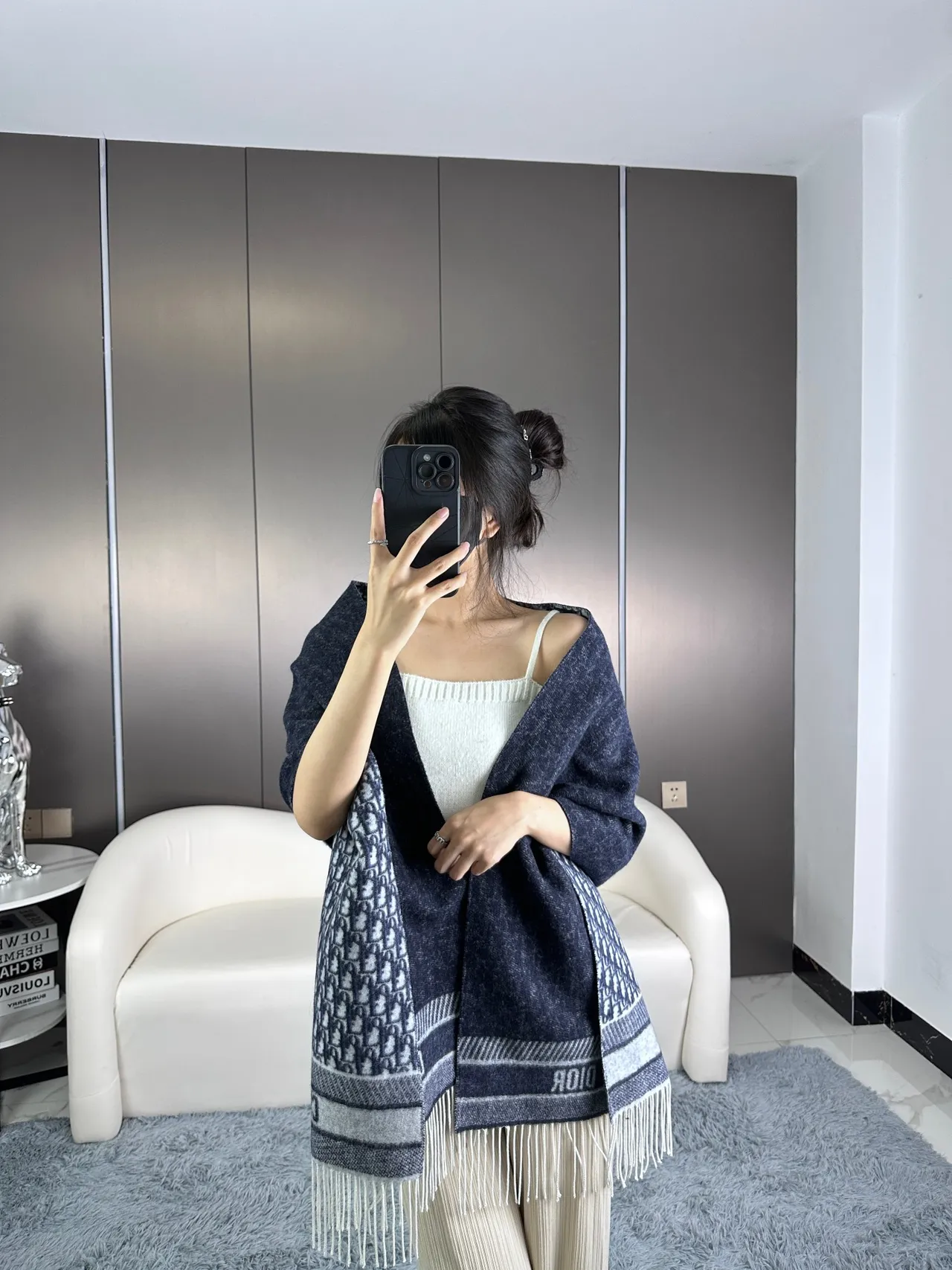 Dior Oblique Monogram Navy and Gray Cashmere Scarf 5
