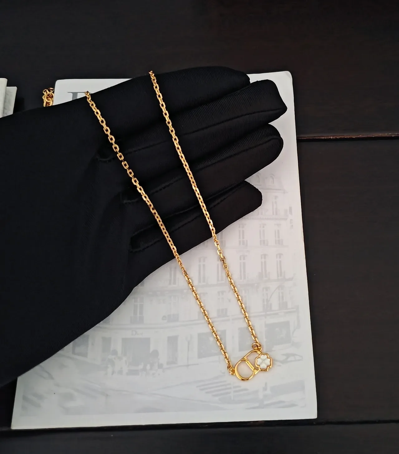 Dior Rose des Vents Gold White Rope Chain D-Shaped Pendant Necklace 4