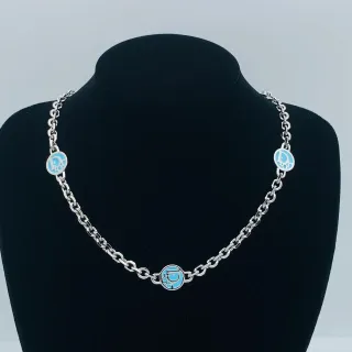 Dior Chaîne Curb Argentée Bleue Trois Charms Circulaires Émaillés Logo