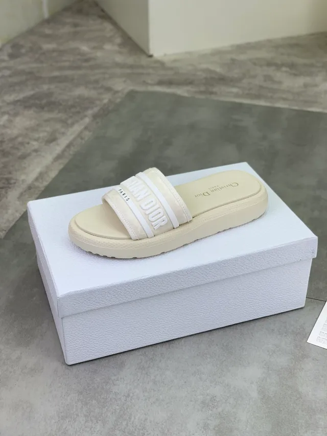 Dior Slide Beige White Platform Sole Embossed Logo Strap Slippers 4