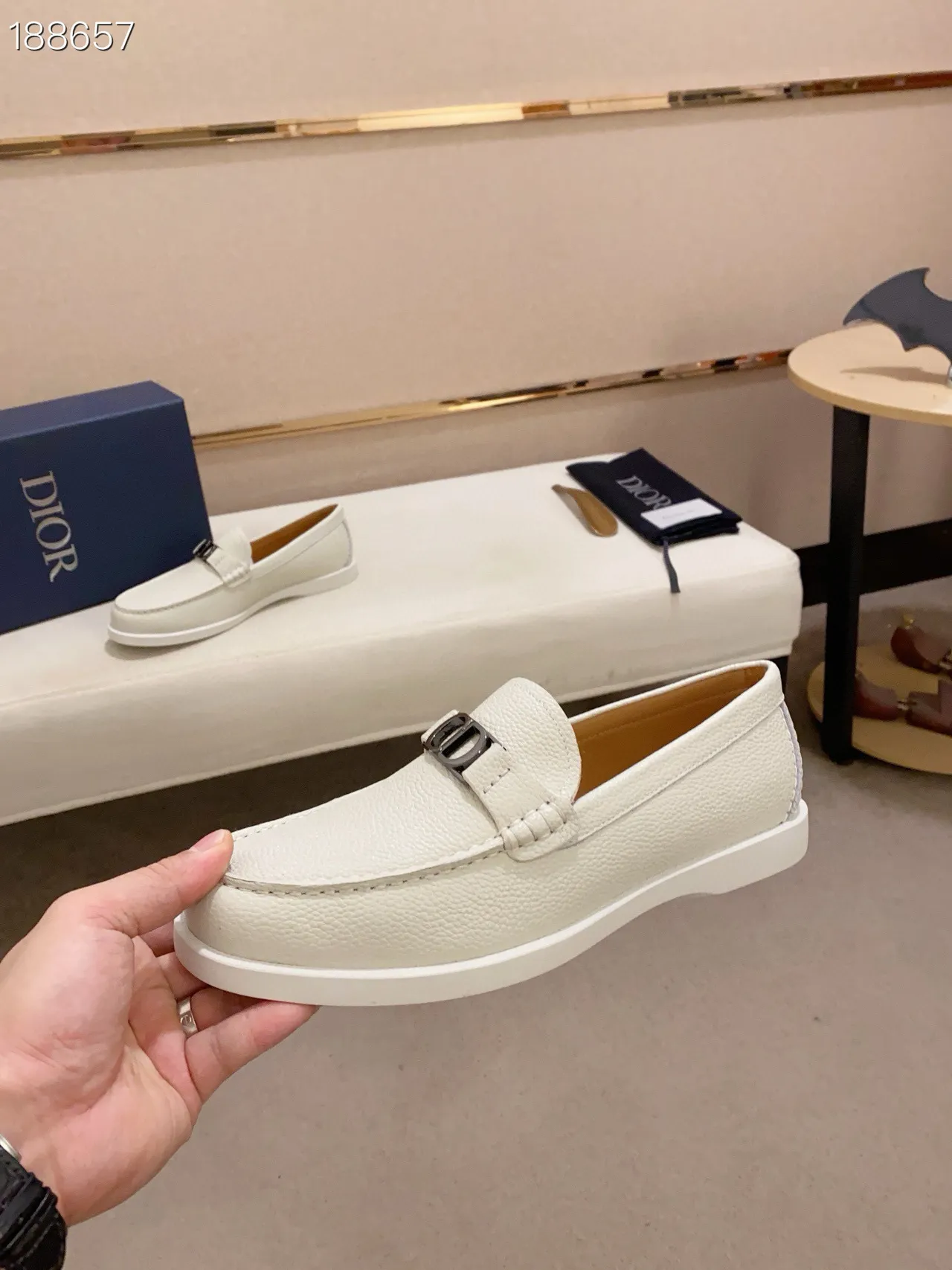 Dior White Silver Pebbled Leather CD Buckle Hardware Loafer 5