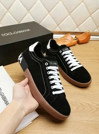 Dolce & Gabbana Portofino أسود بني جلد ناعم علوي تباين أحزمة بيضاء حذاء رياضي أسلوب حياة 3