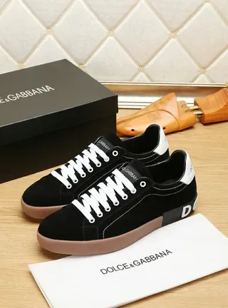 Dolce & Gabbana Portofino أسود بني جلد ناعم علوي تباين أحزمة بيضاء حذاء رياضي أسلوب حياة 5