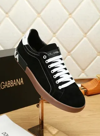 Dolce & Gabbana Portofino أسود بني جلد ناعم علوي تباين أحزمة بيضاء حذاء رياضي أسلوب حياة 6
