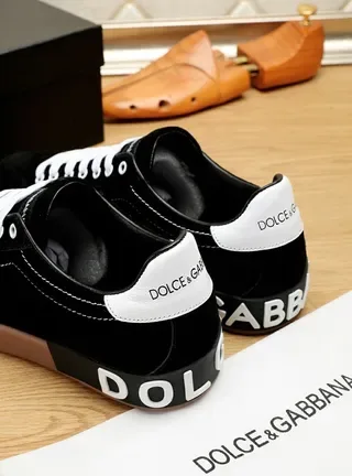 Dolce & Gabbana Portofino أسود بني جلد ناعم علوي تباين أحزمة بيضاء حذاء رياضي أسلوب حياة 7