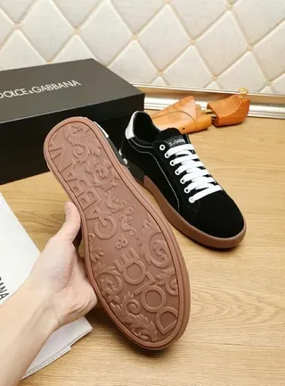 Dolce & Gabbana Portofino أسود بني جلد ناعم علوي تباين أحزمة بيضاء حذاء رياضي أسلوب حياة 8