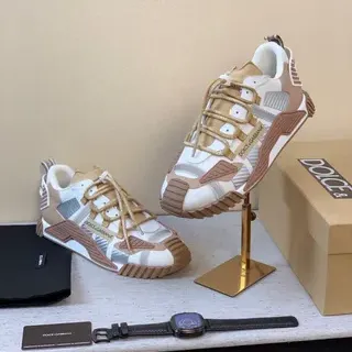 Dolce & Gabbana White Beige Multi-Panel Layered Upper Sculpted Sole Chunky Sneakers