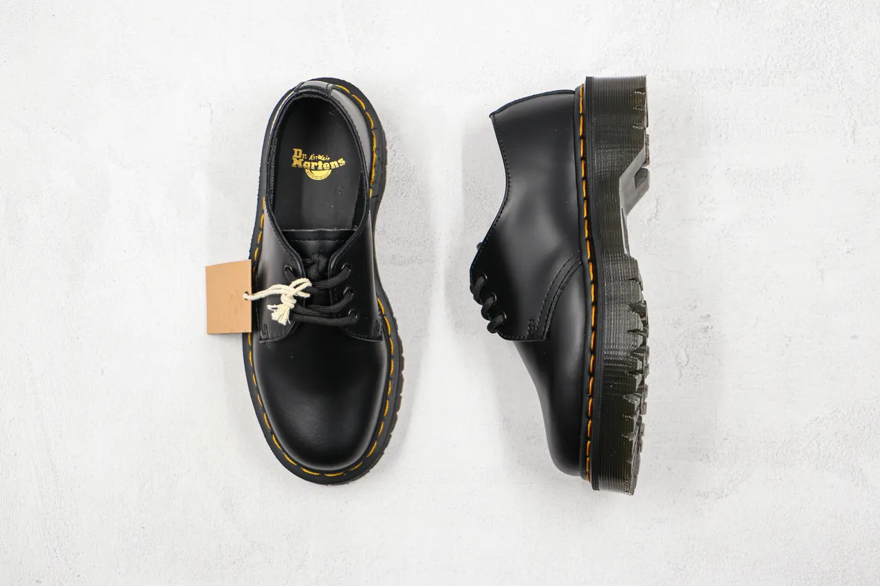 Dr. Martens 1461 Black Yellow Smooth Leather 3-Eyelet Derby Construction Oxford Shoes 3