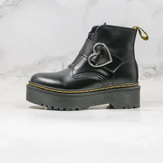 Dr. Martens काली पीली प्लेटफॉर्म सोल दिल के आकार का बकल एंकोल बूट्स