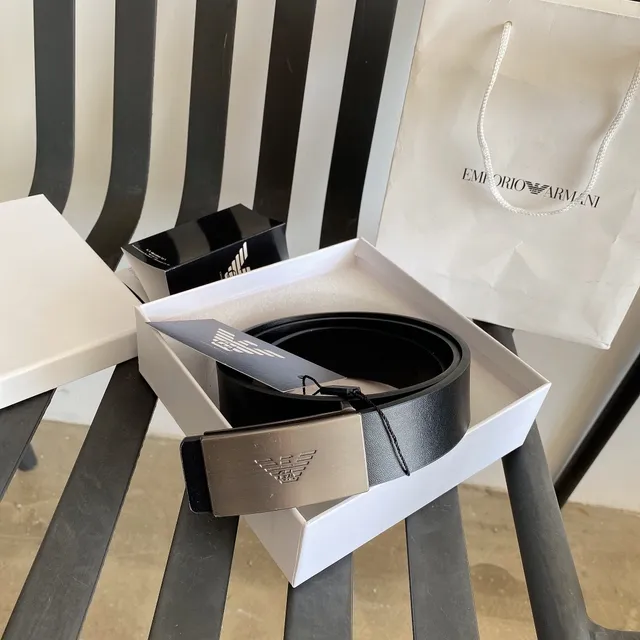 Emporio Armani Cinto de couro preto e prata com fivela de metal escovado mate 8