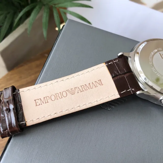 Emporio Armani 计时香槟表盘棕色皮革表带机械表 2