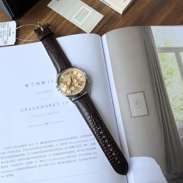 Emporio Armani 计时香槟表盘棕色皮革表带机械表 5