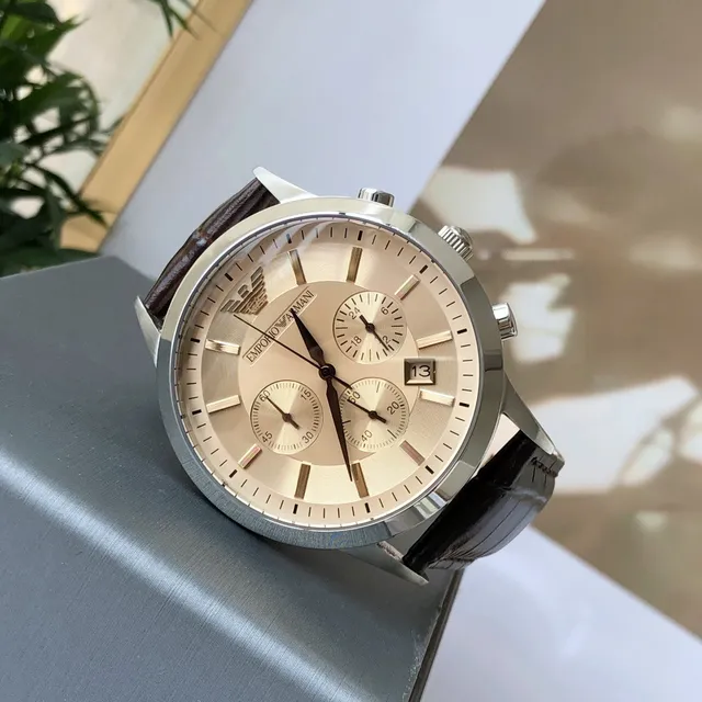 Emporio Armani 计时香槟表盘棕色皮革表带机械表 7