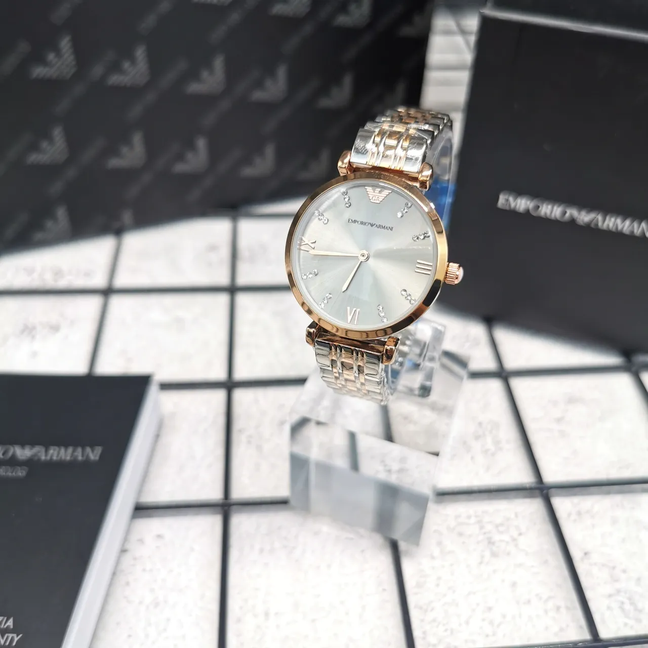 Emporio Armani चांदी सोने की गोल केस सनरे डायल क्वार्ट्ज वॉच 3