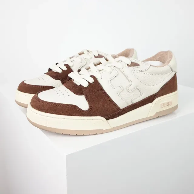 Fendi Bege Marrom De Dois Tons Couro E Camurça Embossado Motivo FF Tênis Lifestyle 2