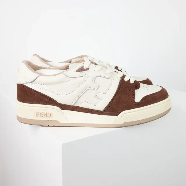 Fendi Bege Marrom De Dois Tons Couro E Camurça Embossado Motivo FF Tênis Lifestyle 3
