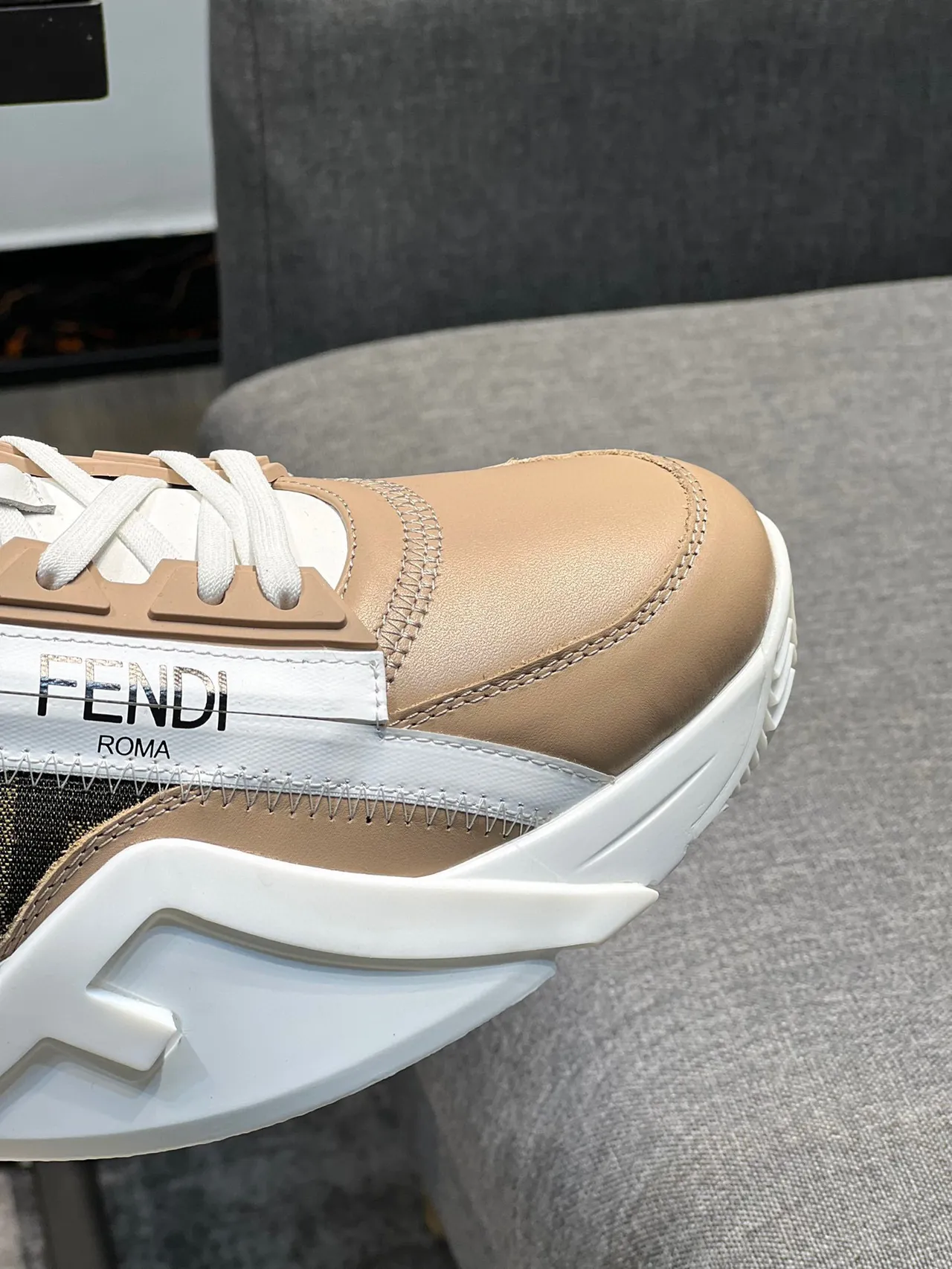 Fendi Beige White Platform Sole Asymmetrical Side Zipper Chunky Sneakers 3