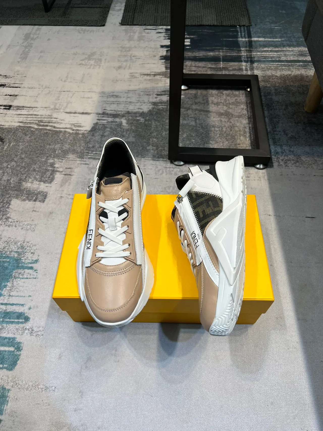 Fendi Beige White Platform Sole Asymmetrical Side Zipper Chunky Sneakers 4